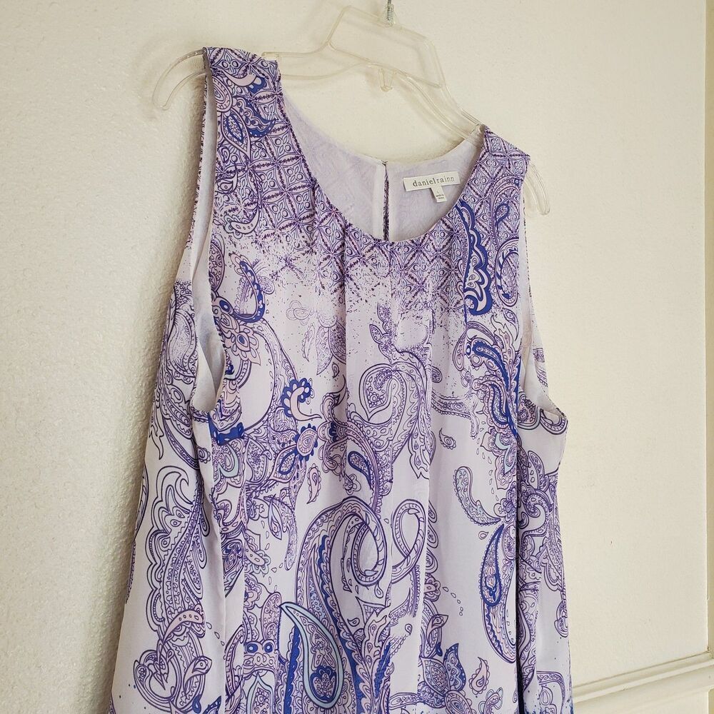 Daniel Rainn Top Sleeveless Pullover Blouse L White Purple Sheer Lined Paisley - Picture 4 of 14